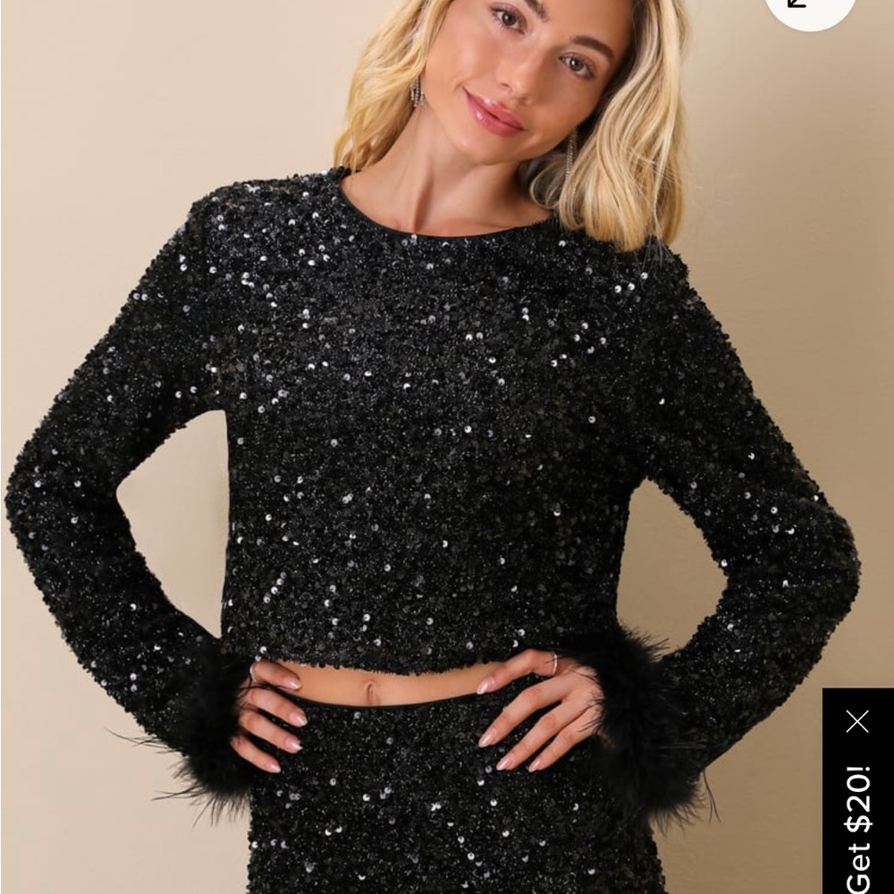 Lulus XL Sparkling Behavior Black Sequin Feather Long Sleeve Top